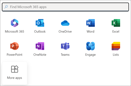 Uma seleção de aplicações do Microsoft 365. O último mosaico é Mais aplicações.