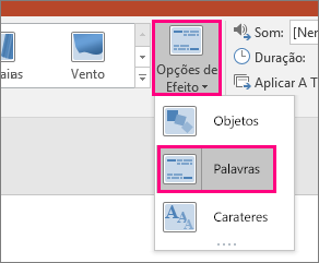 Mostra o menu Opções de Efeito para a Transição Modificação com Palavras selecionadas.