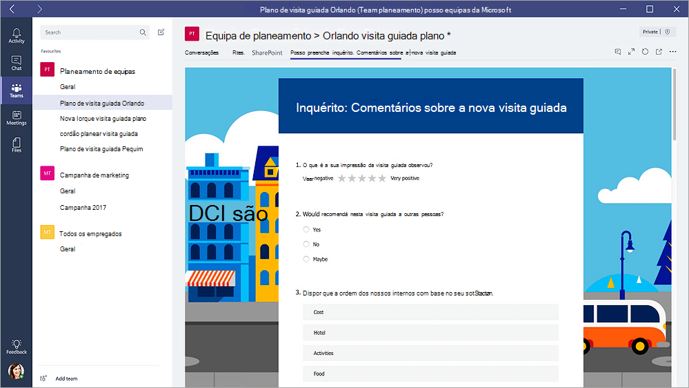 Separador Formulários no Microsoft Teams que mostra um formulário no modo "Preenchimento"