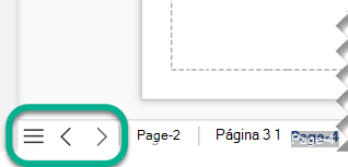 Existem três botões de navegação no lado esquerdo da barra de separador de página, abaixo da tela de desenho.