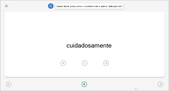 vista de ecrã inteiro da página do instrutor de leitura do estudante. a palavra "cuidadosamente" é apresentada com botões para reproduzir a palavra, alongar a palavra ou ver uma imagem abaixo. um microfone verde aparece na parte inferior central da página.