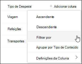 Opção do menu Filtrar de Título de Coluna do SharePoint por