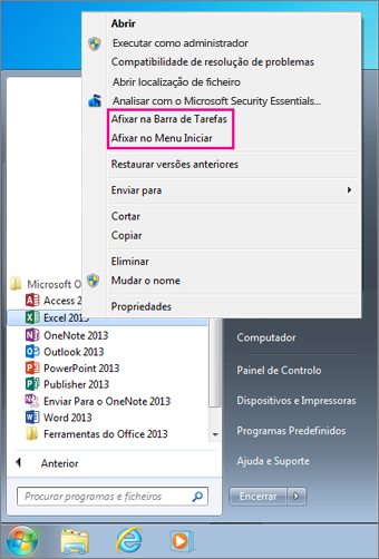 Pin Office app to Start menu or taskbar in Windows 7