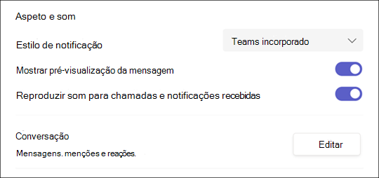 Definições de notificação no Teams para Windows 10