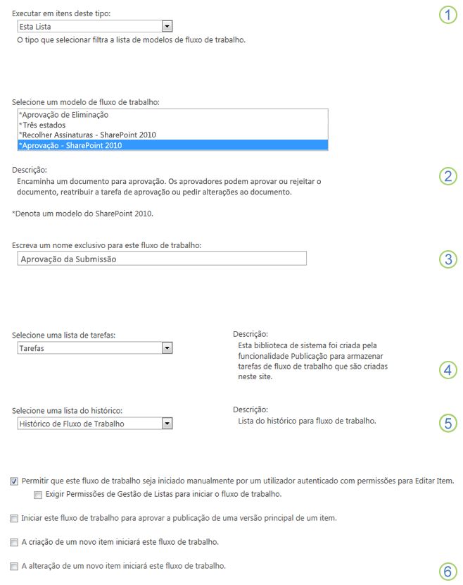 Informações básicas de 'Adicionar um fluxo de trabalho' com as secções realçadas