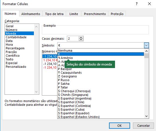 Seleção de Símbolo de Moeda da caixa de diálogo Formatar Células