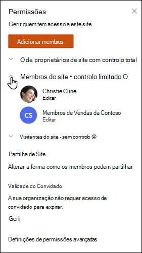 Lista de permissões de sites do SharePoint com membros do Site expandidos.