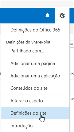 Opção de definições do site no botão Definições