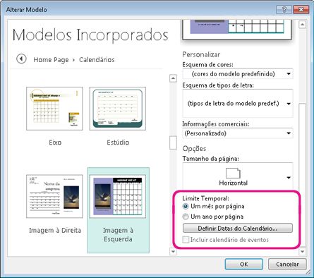 Localização para alterar ou definir as datas do calendário.