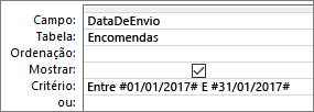 Expressão na linha Critério da grelha de consulta.