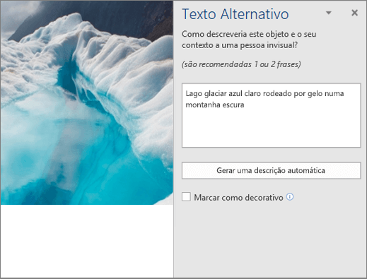 Nova caixa de diálogo Texto Alternativo a mostrar o texto alternativo gerado automaticamente no Word