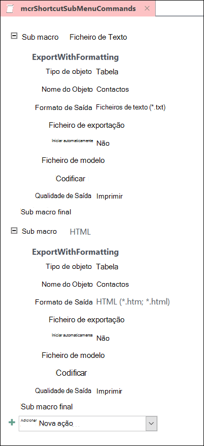 Captura de ecrã de uma macro no Access com dois submacros