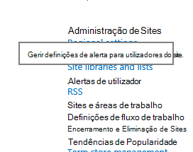 Ligação de alerta do utilizador das definições do site de administração do site