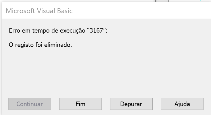 Erro a indicar que o registo foi eliminado.