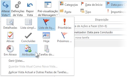 Comando da vista de tarefas atribuídas no friso