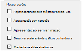 O grupo Opções da apresentação em Configurar Apresentação de Diapositivos com a opção Manter os diapositivos atualizados ativada.