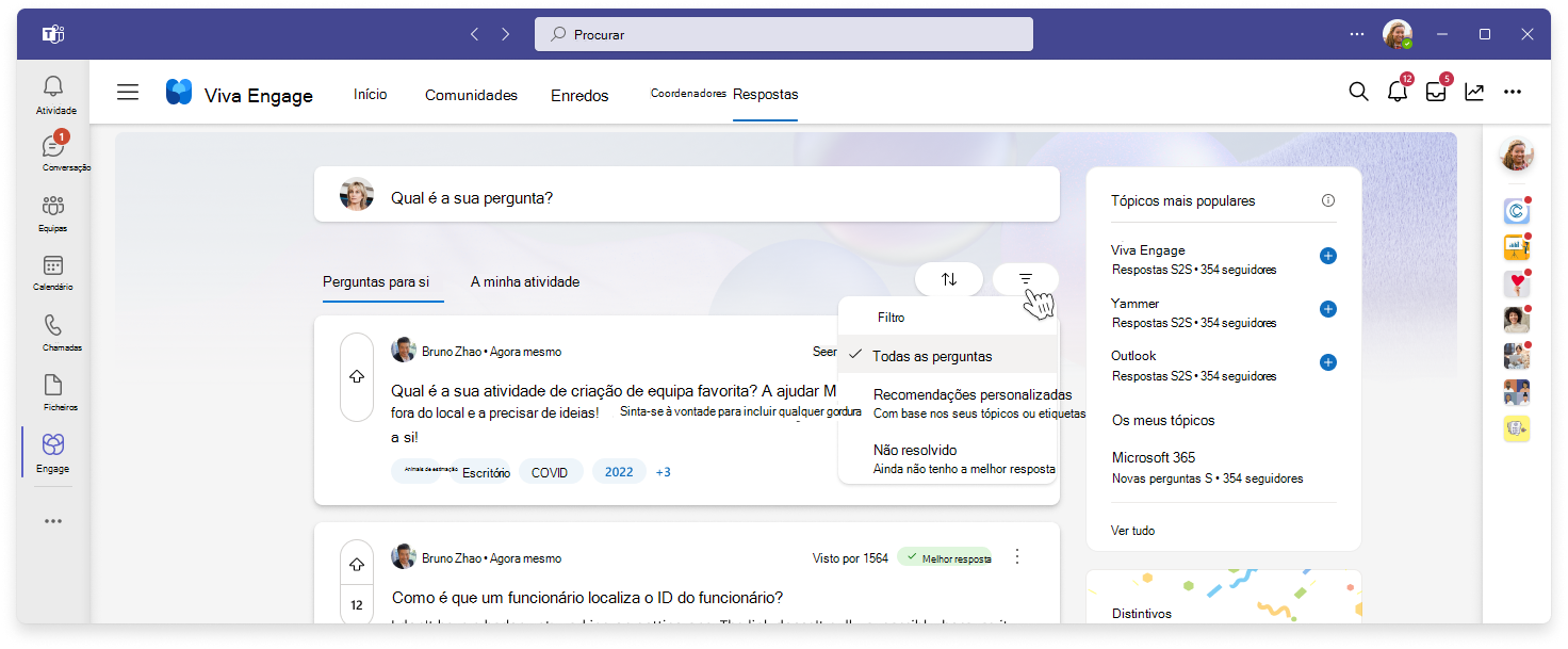Vista da funcionalidade de filtragem das Respostas no Viva Engage