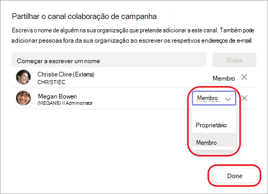 Captura de ecrã a mostrar como alterar um membro do canal para um proprietário de canal