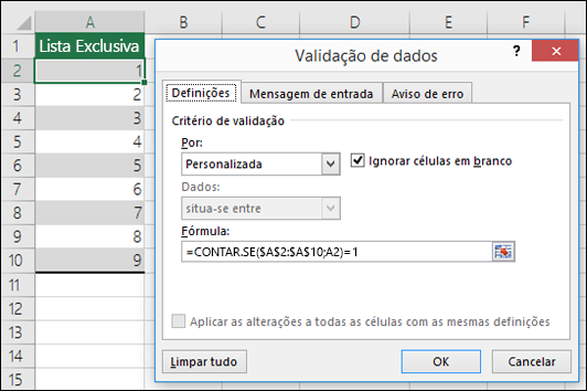 Exemplo 4: Fórmulas na validação de dados