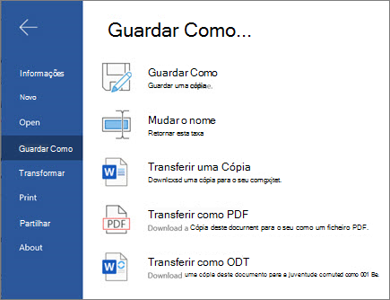 Word na Web - Opções de guardar