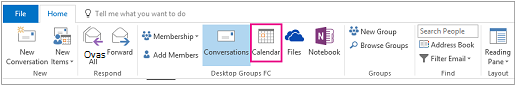 Botão Calendário no friso de grupos no Outlook