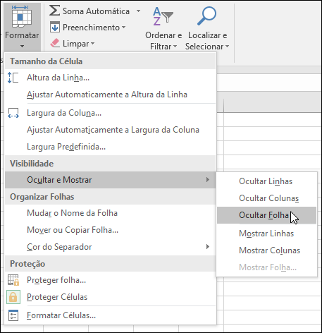 Ocultar ou mostrar folhas de cálculo das Células > Base > Formatar > VIsibility > Ocultar & Mostrar