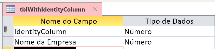 A Coluna de Identidade não é identificada corretamente como Numeração Automática