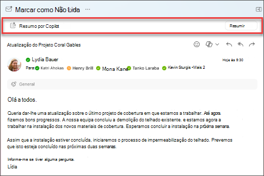 Selecione resumir para o Copilot criar um resumo de um tópico de e-mail.