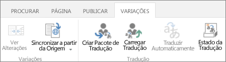 Screen shot of the variations tab from the target site. Separador contém dois grupos, variações e tradução