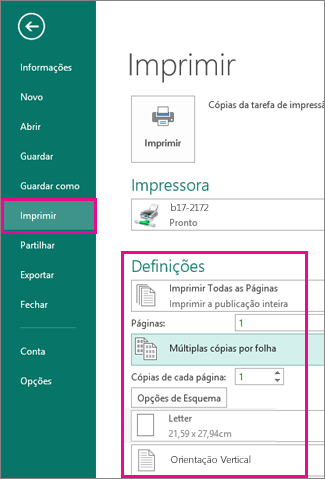 Clique em Ficheiro e Imprimir para ver definições para imprimir no Publisher 2013