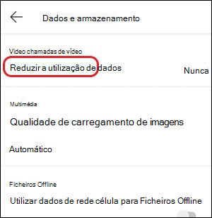 Definição de utilização de dados de redução móvel do Teams