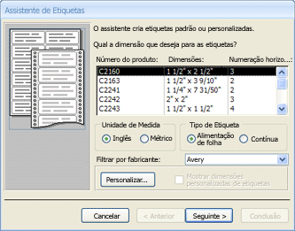 Primeira página do assistente de etiquetas