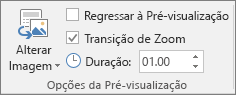 Mostra o grupo de opções de Pré-visualização no separador Formatar para uma Pré-visualização de Secção ou Pré-visualização de Diapositivo no PowerPoint.