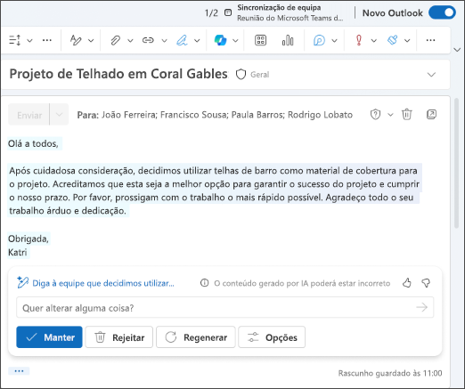 Algum texto "Olá a todos, após consideração cuidadosa" do e-mail de rascunho. Opte por manter, regenerar, ajustar ou descartar o resultado do Copilot.