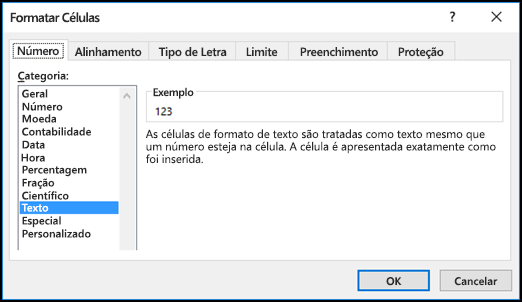 Caixa de diálogo Formatar Células a apresentar o separador Número e a opção Texto selecionada