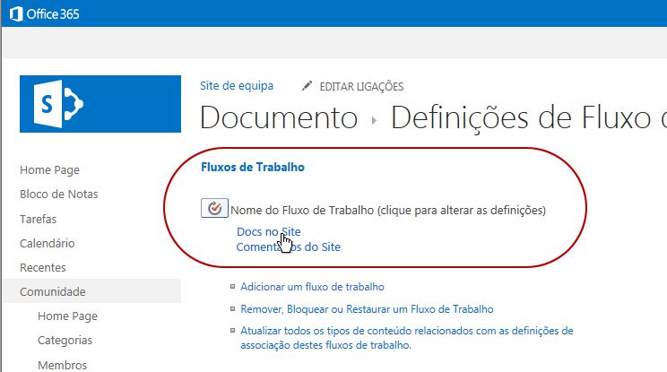 Ligação para alterar as definições do fluxo de trabalho