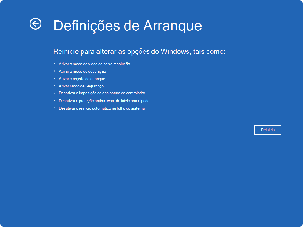 Captura de ecrã a mostrar o Windows RE – definições de arranque.