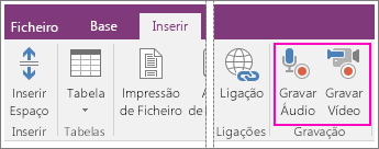 Captura de ecrã do menu Inserir com os botões AV no OneNote 2016.