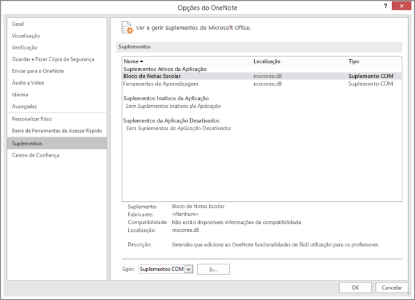 Painel Gerir Suplementos do Office com o Blocos de Notas Escolares selecionado. Secção para gerir Suplementos COM com o botão Ir.