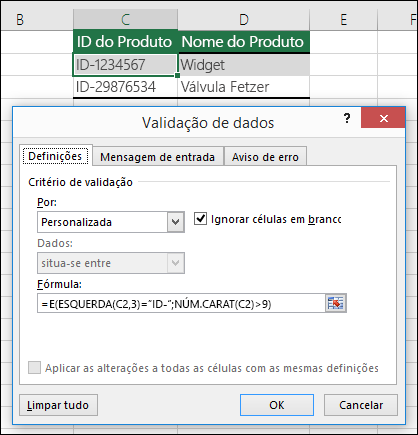 Exemplo 6: Fórmulas na validação de dados