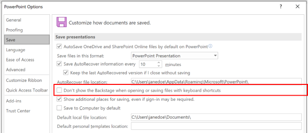 Uma captura de ecrã da caixa de diálogo Opções do PowerPoint a realçar a definição para não utilizar a vista Backstage ao guardar com atalhos de teclado