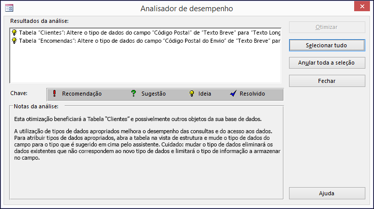 Caixa de diálogo dos resultados do Analisador de Desempenho após ter sido executado numa base de dados do Access.