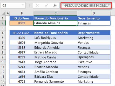 Exemplo da função PROCX utilizada para devolver um Nome de Funcionário e Departamento com base no IDt do Funcionário. A fórmula é: =PROCX(B2;B5:B14;C5:D14;0;1)