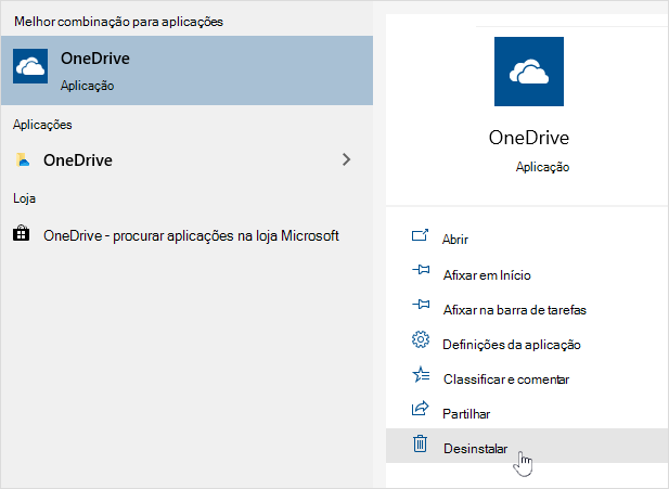 Desinstalar a aplicação da Loja OneDrive