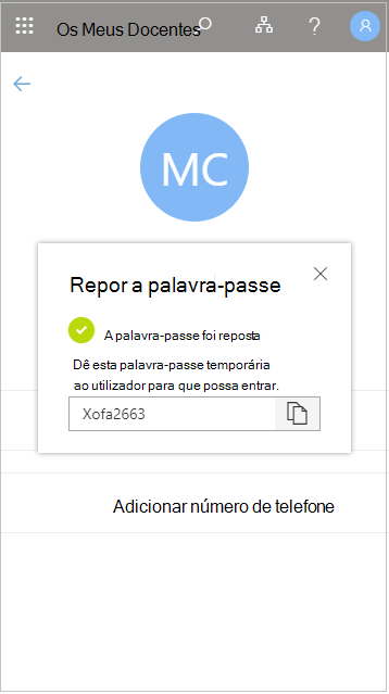 Copiar a palavra-passe temporária de utilizador após uma reposição em Os Meus Docentes