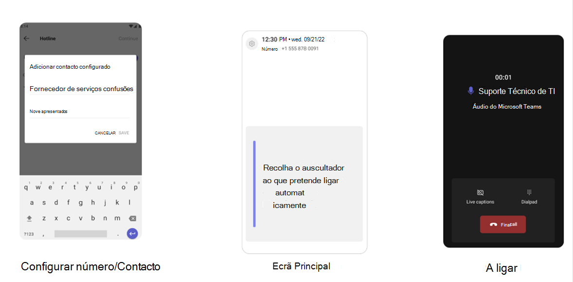 Três imagens que mostram os passos de configuração de um telemóvel para a serialização automática de um número definido. A primeira imagem mostra um campo para adicionar um número para ligar automaticamente quando pega no auscultador do telefone e, em seguida, uma imagem que diz para pegar o auscultador para ligar automaticamente ao Suporte Técnico de TI e, em seguida, uma imagem que mostra a ligação a uma chamada ativa com o suporte técnico de TI