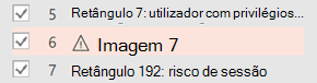 É apresentado um símbolo de aviso junto a um item que precisa de texto alternativo.