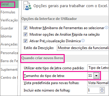 Opções na caixa de diálogo Geral