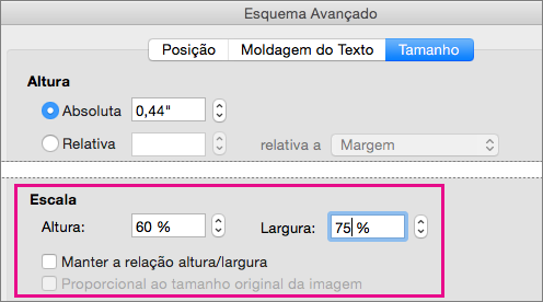 No separador Tamanho, na caixa Esquema Avançado, estão realçadas as opções de Dimensão.