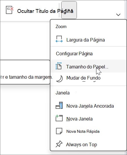 O Tamanho do Papel pode ser encontrado no separador Ver